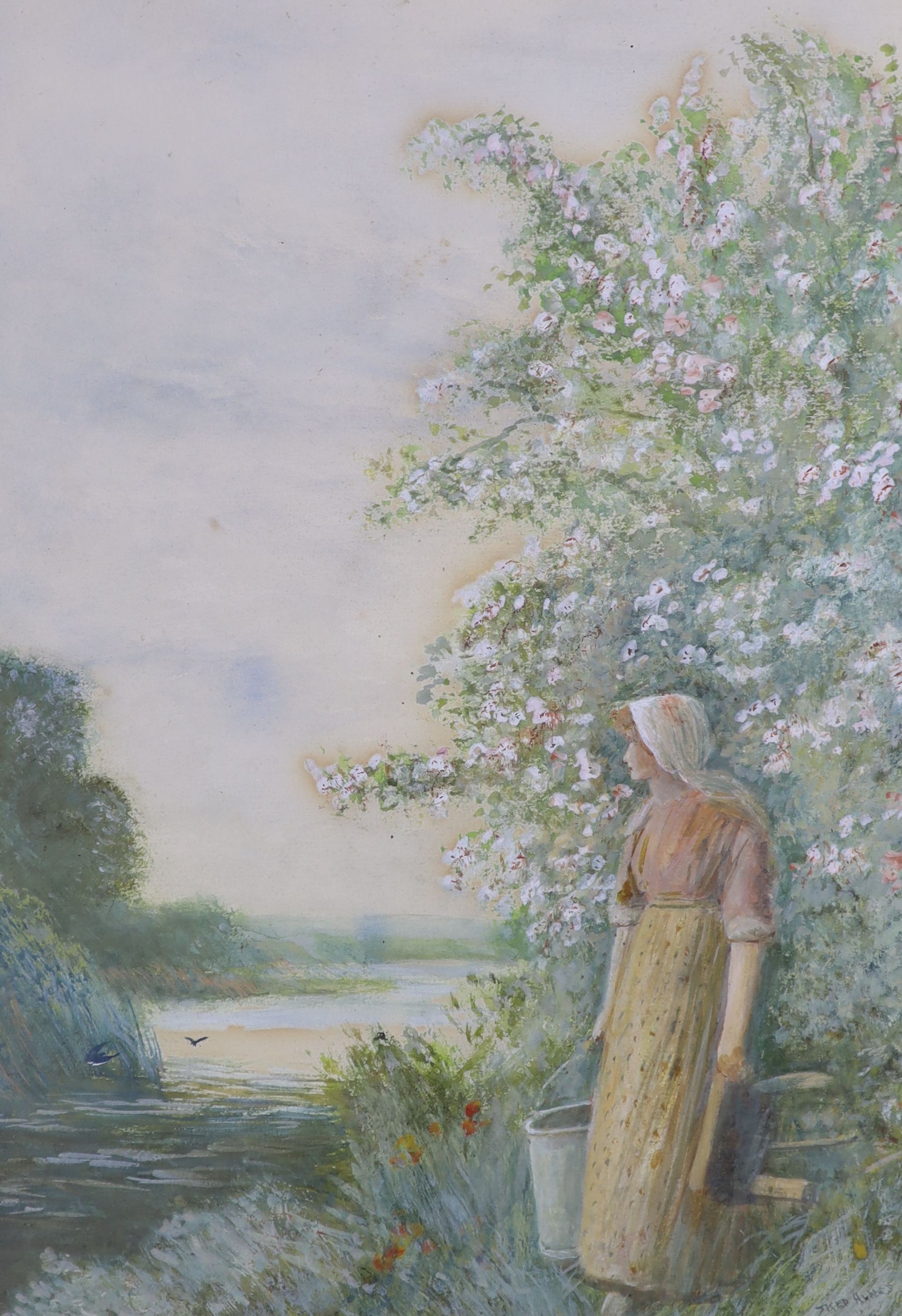 Frederick Hines (alias William Langley), pair of watercolours, Mother and child beneath roses and Maid in a landscape, 38 x 27cm